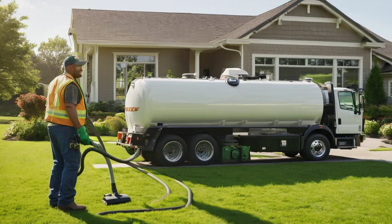 A friendly provider guiding a pumping hose toward a septic tank lid in a tidy yard in Detroit
